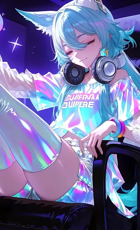 蓝发猫耳少女·镭射潮服 赛博朋克风二次元动态手机壁纸优选