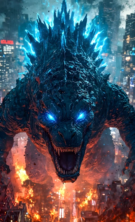 哥斯拉·蓝光咆哮 写实科幻风 影视怪兽 震撼城市破坏手机壁纸