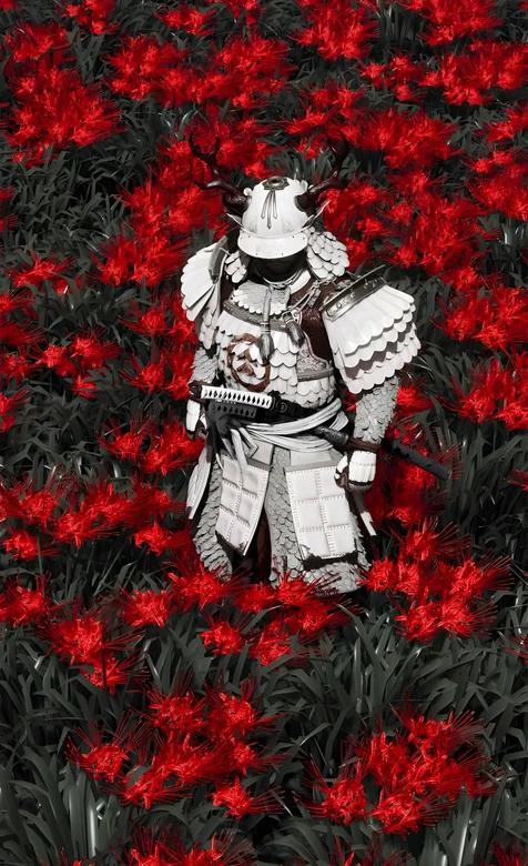 对马岛之魂·白甲鹿角武士·暗黑国风 曼珠沙华花海 游戏壁纸精选