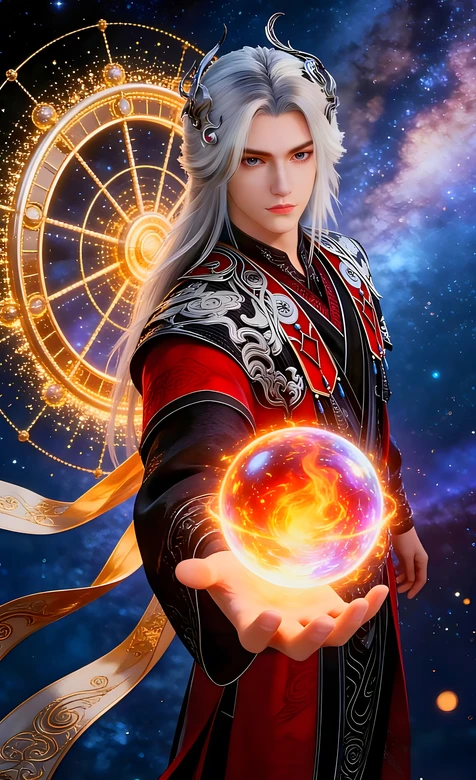 白发国风帅哥王林·火焰法球环绕 国漫玄幻风超酷手机壁纸