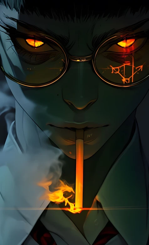 暗黑动漫风神秘眼镜男·符文眼+燃烧烟 手机壁纸