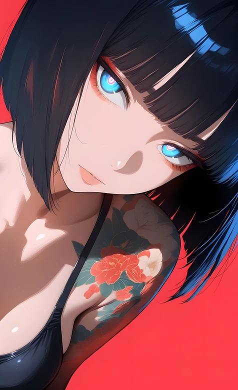 黑短发蓝眼花臂少女·二次元插画 高热度手机壁纸