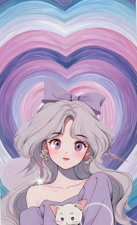 银发蝴蝶结少女抱白猫 唯美二次元爱心风壁纸