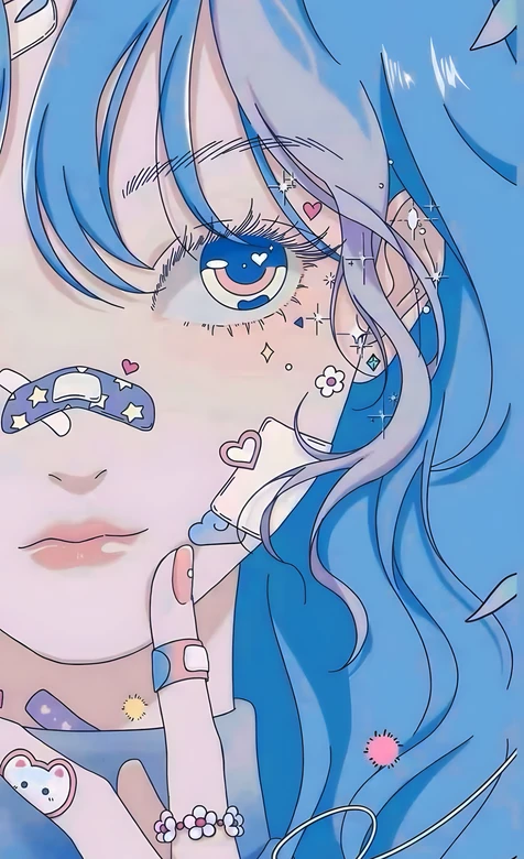 蓝发少女·梦幻甜美元素 原创插画高人气少女系手机壁纸