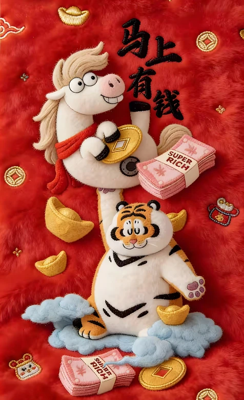 卡通马·老虎·马上有钱 国风刺绣春节暴富手机壁纸（高点击）
