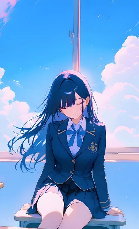 蓝发校服少女·闭眼静享 二次元唯美校园手机壁纸