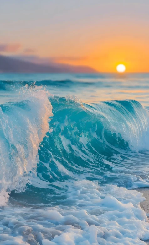 海滨日落·蓝浪翻涌 唯美治愈系海浪手机壁纸