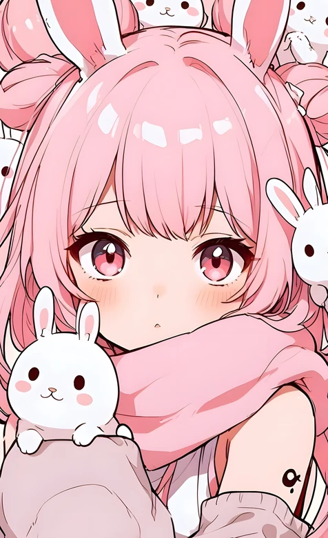 粉色兔耳少女·萌系兔子环绕 二次元治愈风插画 萌系手机壁纸