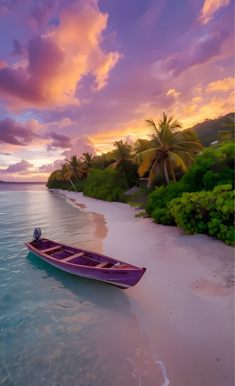 热带海滩日落椰林小船·唯美风 高热度手机壁纸