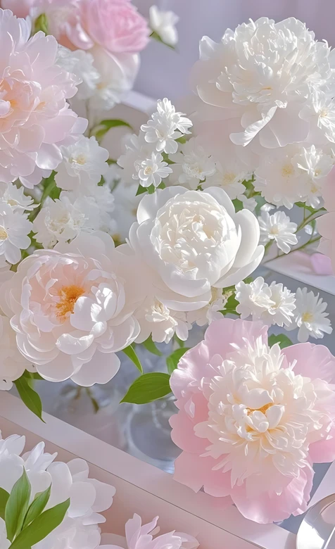 粉白芍药小白花·唯美清新 春日花房浪漫手机壁纸