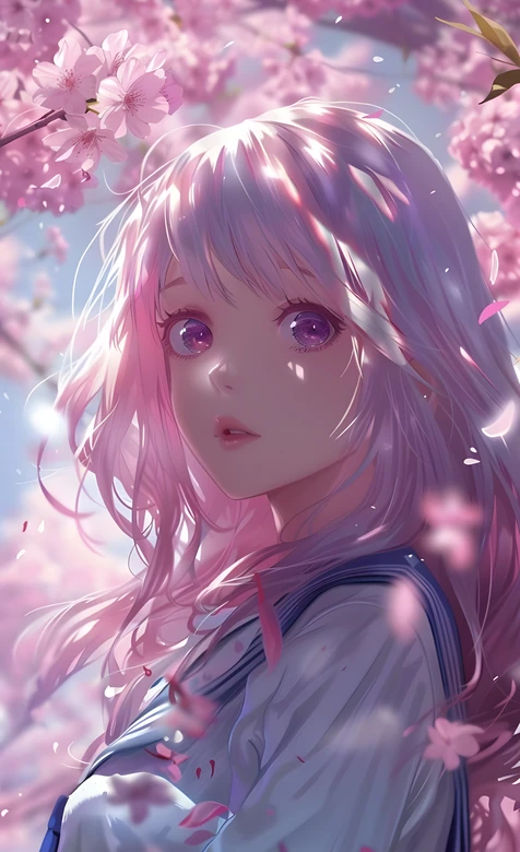 二次元粉发紫眸少女·日系樱花 治愈系手机壁纸