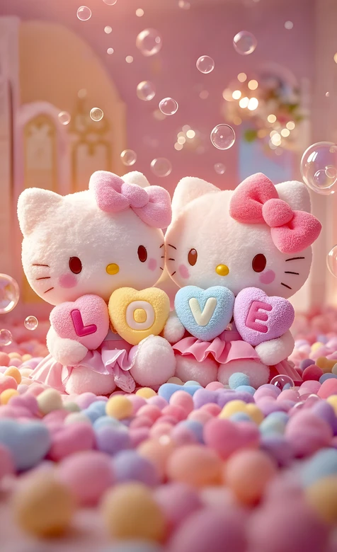 Hello Kitty双玩偶·LOVE爱心 梦幻甜美少女心壁纸