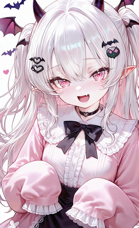 二次元萌系小恶魔少女（白发粉瞳蝙蝠翼）·洛丽塔风动态手机壁纸