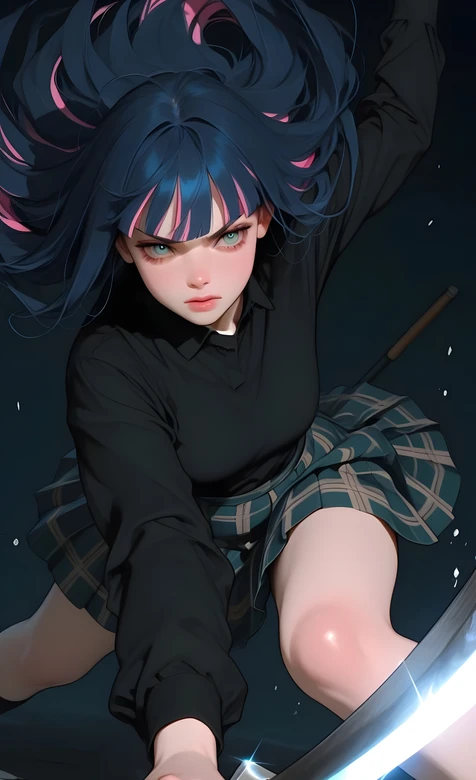 蓝发粉挑染双刀少女·二次元暗黑战斗风插画·高人气手机壁纸