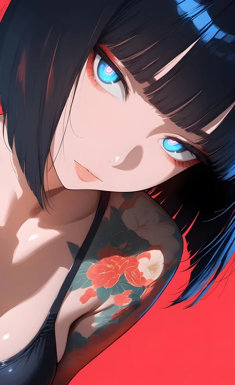 暗黑风少女·蓝眼花卉纹身 高质感手机壁纸