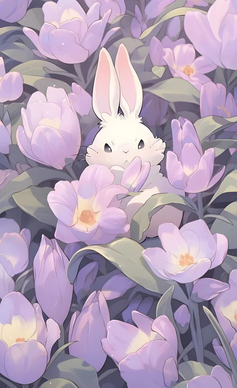 白兔·紫色花海簇拥 唯美插画风治愈系手机壁纸