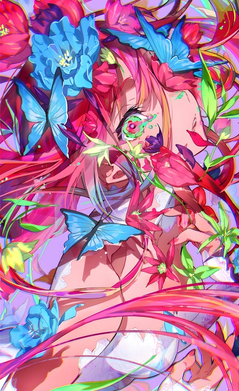 花蝶环绕二次元少女·梦幻炫彩风 高饱和手机壁纸