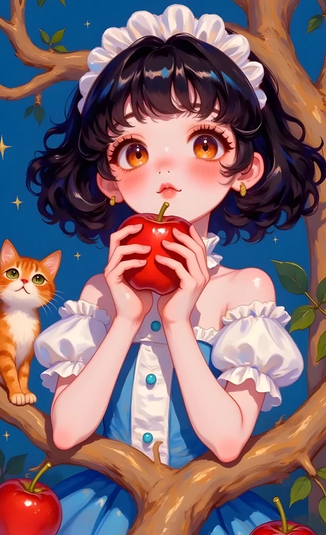 童话少女捧红苹果 橘猫相伴 梦幻治愈手机壁纸