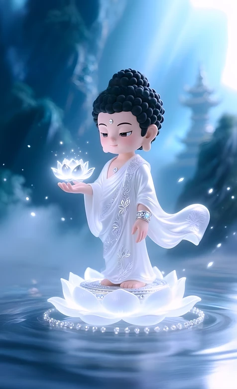 Q版佛陀·持发光莲立莲座 国风禅意唯美手机壁纸