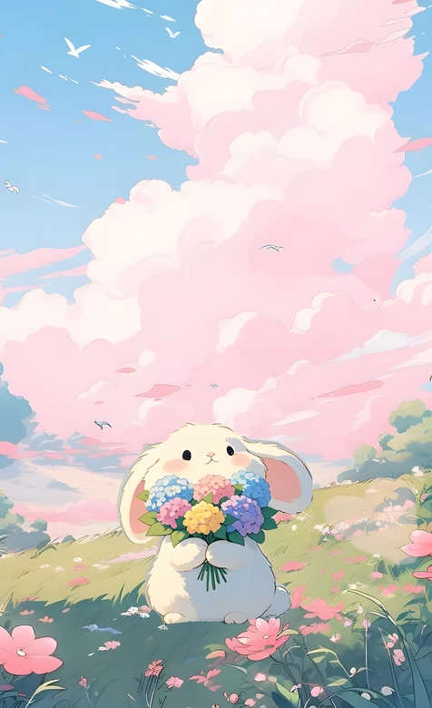 抱花白兔·唯美治愈插画 春日清新手机壁纸