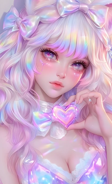 二次元梦幻彩虹猫耳少女·蝴蝶结爱心 唯美手机壁纸