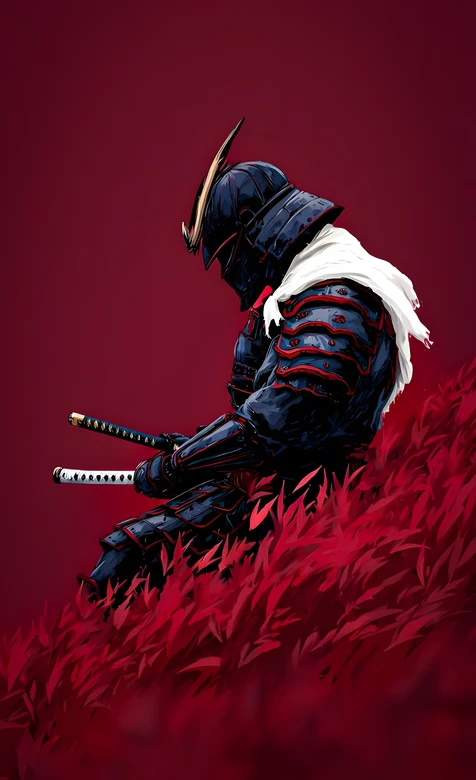 暗黑日式武士·双刀倚坐绯红草甸 高人气武士壁纸