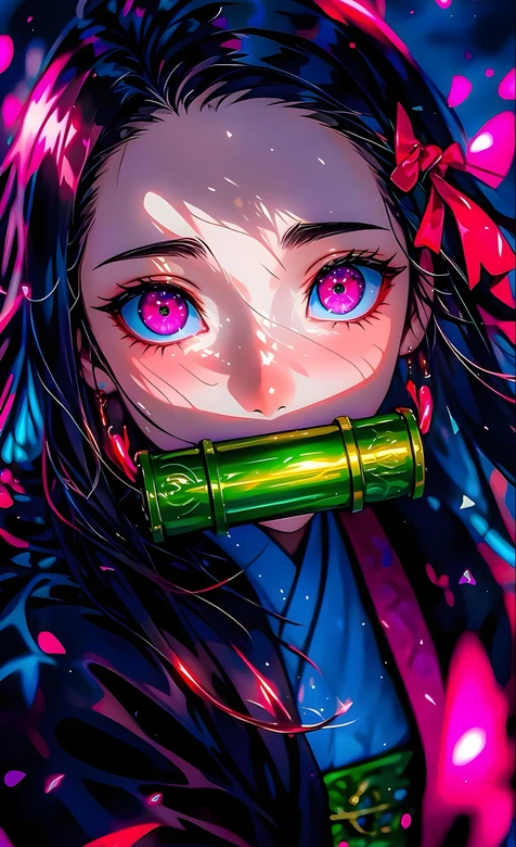 灶门祢豆子·嘴含竹筒 炫彩二次元 鬼灭之刃竖屏壁纸