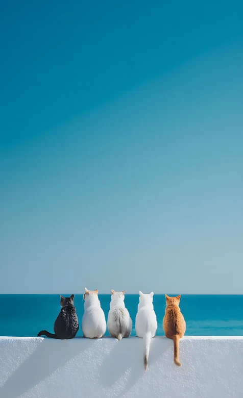 五只猫咪望海·清新治愈风 海边猫咪壁纸