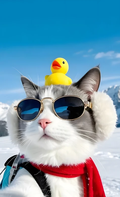 萌宠猫咪戴墨镜耳罩顶小黄鸭·可爱风冬季雪景手机壁纸