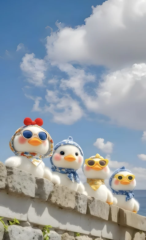 治愈风毛绒鸭群·戴墨镜头巾萌系海边壁纸