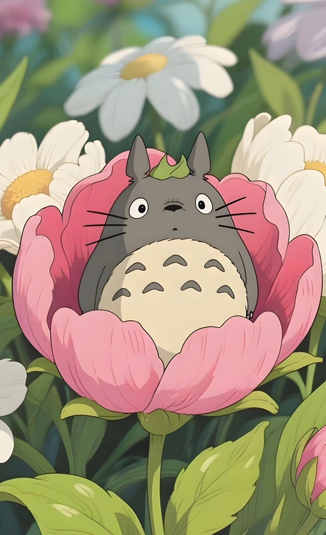 龙猫·花中萌坐 日系治愈风 吉卜力动画壁纸