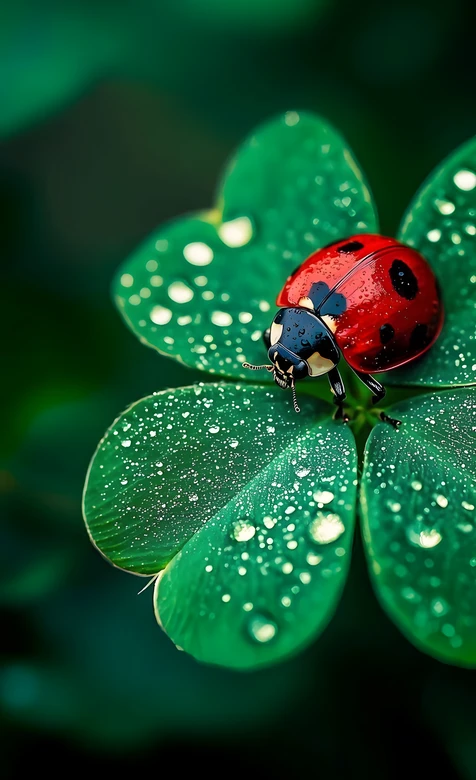七星瓢虫·四叶草露珠 唯美写实幸运草昆虫壁纸