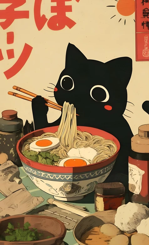黑猫吃拉面·日式复古插画 治愈系手机壁纸推荐