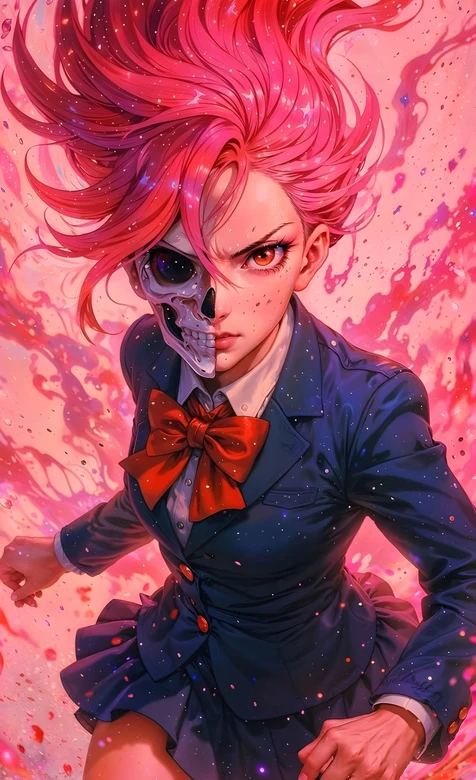 半骷髅JK少女·红发怒焰 二次元暗黑风原创插画 高燃手机壁纸