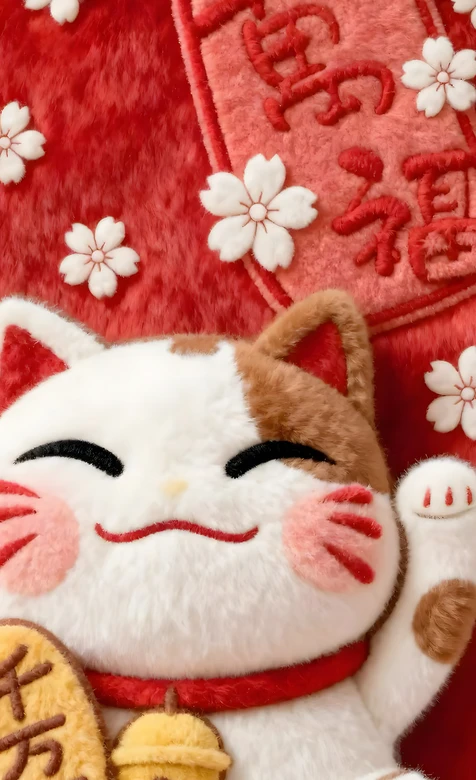 招财猫玩偶·国风祈福风 樱花红底手机壁纸热门款