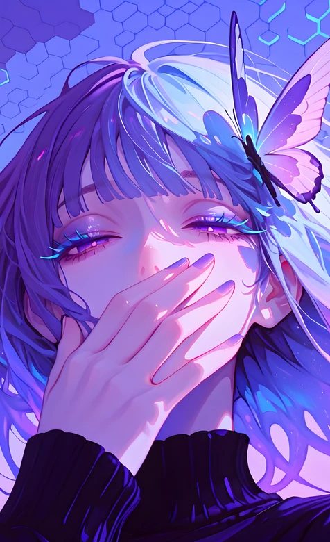 二次元梦幻少女·蝴蝶停驻发丝 蓝紫渐变唯美手机壁纸