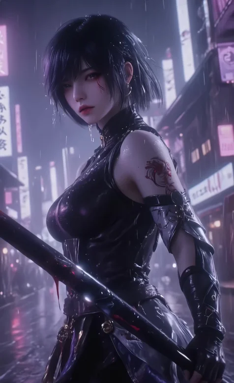 暗黑短发女武士·雨夜赛博都市 赛博朋克动态手机壁纸