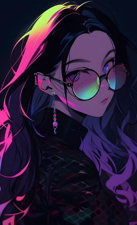 赛博朋克风二次元少女·霓虹眼镜耳饰 个性手机壁纸
