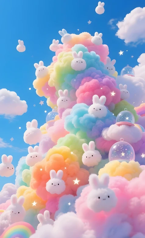 彩虹棉花云·萌兔童话 治愈系梦幻手机壁纸热款
