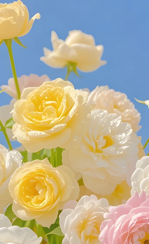 唯美清新黄白粉玫瑰带露珠 治愈系手机壁纸