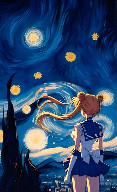 月野兔·双马尾 星月夜风格美少女战士动漫壁纸（艺术风手机壁纸）