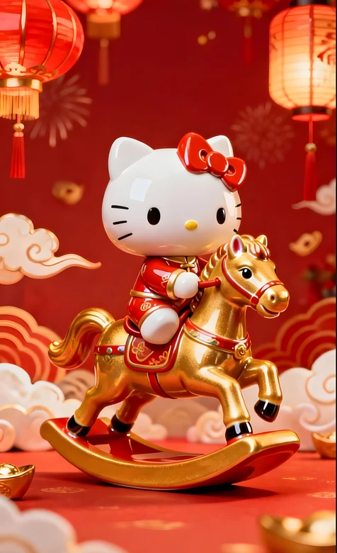 Hello Kitty·骑金木马 国潮春节风 新春主题手机壁纸