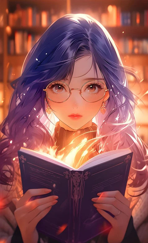 蓝紫发少女·发光书 二次元唯美暖光书架壁纸