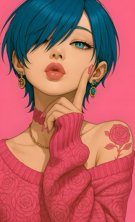 蓝发少女·玫瑰纹身粉毛衣 二次元插画风手机壁纸