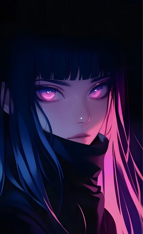 暗黑霓虹动漫少女 粉紫眼眸 二次元酷飒呈现