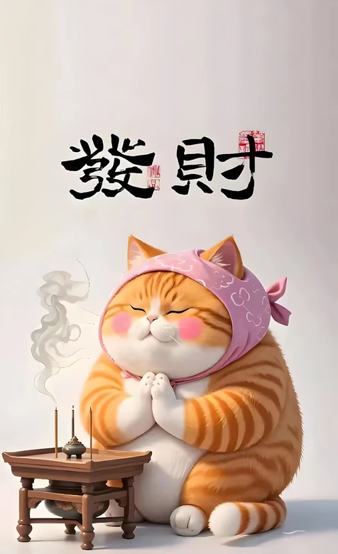 国风发财胖橘猫祈福烧香 招财治愈手机壁纸
