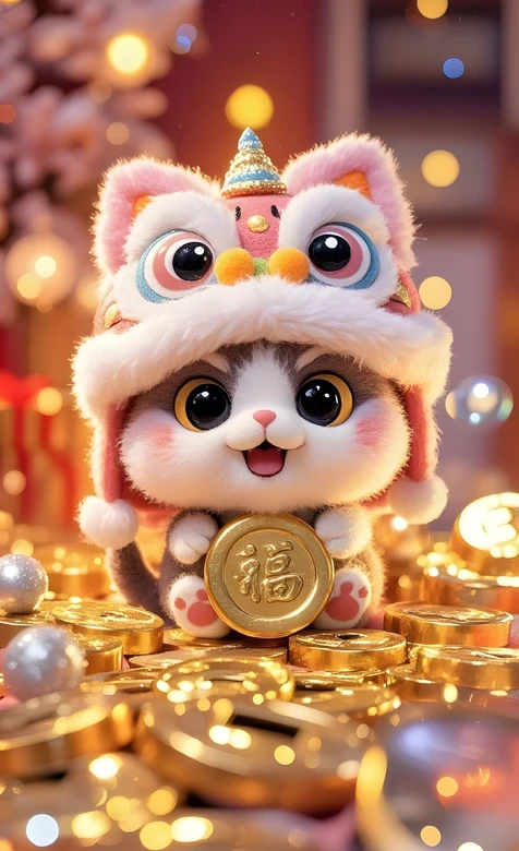 国风醒狮帽猫咪抱福字金币 喜庆手机壁纸热款