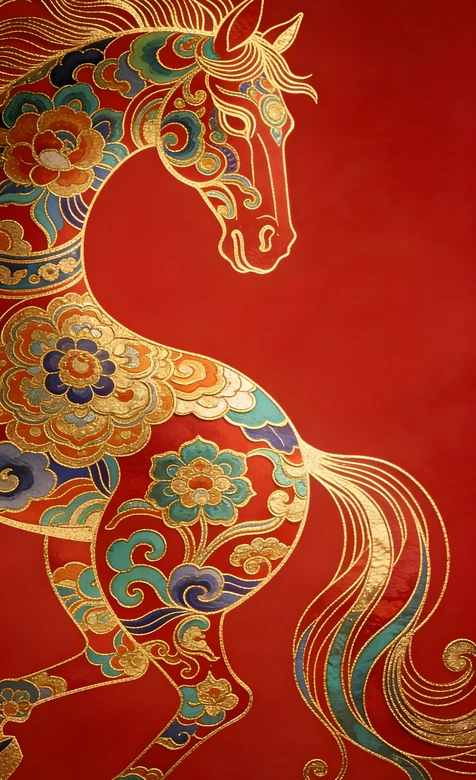 国潮鎏金彩绘骏马 传统纹样生肖马壁纸