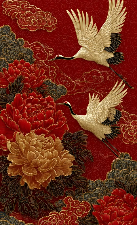 仙鹤牡丹祥云·国风精美手机壁纸（华贵祥瑞国风款）