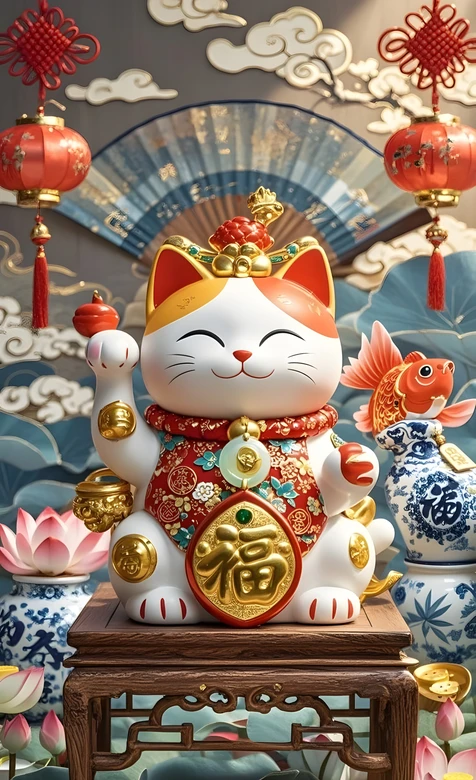 国风招财猫·福运盈门 新年氛围手机壁纸热款